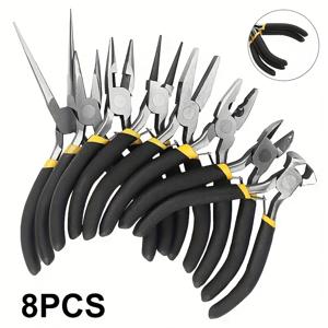 TEMU 8개 미니 주얼리 플라이어 세트 - 탄소강, 니들 노즈, 각진 바이스 & 와이어 트리머 - DIY 공예, 제작 및 수리용 블랙 & 옐로우 핸들, 주얼리 제작 용품