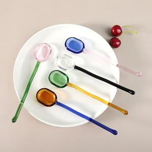 TEMU 5색 농가풍 투명 커피 스푼 세트, 창의적인 밀크 디저트 스푼, 내열 유리 스푼, 귀여운 긴 손잡이 교반 스푼