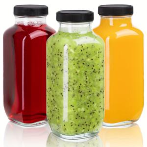 TEMU 3pcs 16oz 유리 주스 병과 뚜껑, 재사용 가능한 사각형 음료 용기, 주스, 스무디, 물, 우유를 위한 빈 음료 병, 여름 야외에 적합합니다.