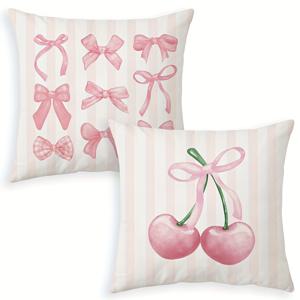 TEMU 2개 매력적인 리본 & 체리 하트 쿠션 커버, 18x18인치, 소파, 파티오, 거실용 부드러운 플러시 핑크 줄무늬 장식 쿠션 케이스 - 지퍼, 손세탁 가능, 폴리에스테르 - 삽입물 없음, 장식용 베개