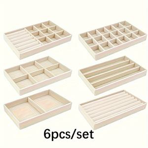 TEMU 6pcs 스택 가능한 보석 정리 세트, 플라스틱 직사각형 테이블탑 보석 트레이, 멀티 퍼포먼스 서랍 인서트, 보석, 반지, 귀걸이, 팔찌, 브로치, 목걸이용 벨벳 인레이
