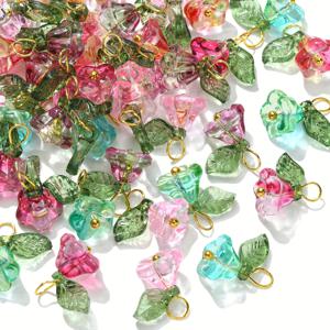 TEMU 1pc 유리 비즈 꽃 매력, 잎이 있는 50pcs 다양한 색상, 귀여운 만화 디자인 DIY 보석, 팔찌, 목걸이, 열쇠장, 매력, 공예, 보석 만들기 용품, 우아한 액세서리, 아름다운 비즈