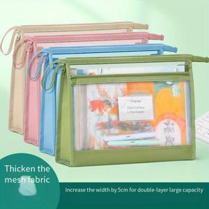 TEMU 4pcs 더블 레이어 A4 파일 보관 가방, 지퍼가 있는 투명 메쉬 디자인, 두꺼운 메쉬 직물, 학생을 위한 책과 용품을 정리하기에 이상적, 학교 정리 | 투명 메쉬 가방 | 지퍼 가방