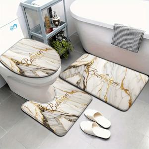TEMU 3pcs/4pcs 골든 화이트 대리석 패턴 욕실 매트 세트 화장실 시트 커버 U형 매트|변기커버