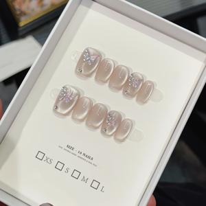 TEMU 10pcs 고양이 눈동자 누드 짧은 사각형 네일, 반짝이는 라인스톤 액센트 - 광택 있는 마무리, 쉬운 적용, 파티 및 특별한 기회에 완벽한 파티 네일, 특별한 기회 네일, 우아한 네일 디자인, 내구성 있는 네일 팁