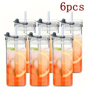 TEMU 4pcs/6pcs 고보실리케이트 유리 컵과 뚜껑, 빨대가 있는 세트 - 재사용 가능, 누출 방지, 커피, 주스, 스무디용 사각형 컵 | 가정, 사무실, 여행에 이상적, 커피 컵|텀블러