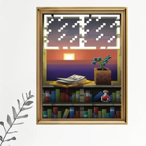 TEMU 1pc 픽셀 아트 선셋 도서관 프레임되지 않은 캔버스 포스터 - 책장, 편안한 독서 노크 및 평온한 선셋 장면이 있는 레트로 비디오 게임 미적 - 집, 사무실, 침실 장식용 고품질 캔버스 벽화 - 책을 좋아하는 사람들과 게임러에게 이상적인 선물, 게임룸 장식