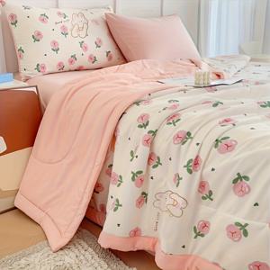 TEMU 1pc 꽃무늬 경량 여름 이불, 시원한 수면을 위한 부드럽고 편안한 통기성 침구, 기계 세척 가능 폴리에스터 - 침실, 소파, 에어컨 방 및 야외 캠핑에 이상적, 여름용 이불|쇼파침대