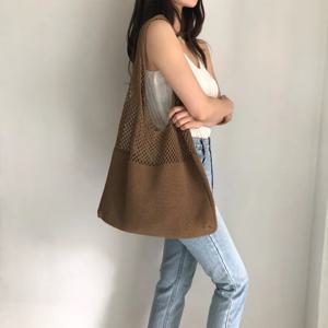 TEMU 대용량 빈티지 감상된 공기 크로셰 토트 백 - 베이지, 폴리에스터, 쇼핑, 사무실, 대학, 여행용 캐주얼 숄더 백 - 가족, 친구, 여성에게 완벽한 선물 | 간단하고 세련된 디자인, 대용량 토트 백|빈티지샵