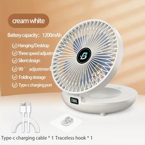 TEMU 1-in-1 충전식 원형 선풍기 - 다기능 컴팩트 디자인, 접이식 데스크/벽걸이 팬, 4단계 속도 조절, 저소음 브러시리스 모터, 따뜻한 야간 조명 기능 포함, 무흔적 후크 제공 - 사무실, 가정, 야외 사용에 완벽한 휴대용 팬