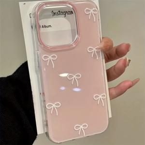 TEMU 투명 화이트 라이트 페인트 순백색 베이스 이중 레이어 핑크 리본 아이폰 케이스, iPhone 11 12 13 프로 맥스용|폰케이스|아이폰케이스