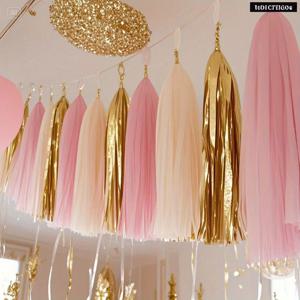 TEMU 15pcs Glitter Tassel Pull Flag Set - 금색 및 분홍색으로 생일, 기념일, 결혼식, 파티 장식, DIY 태슬 배너, 