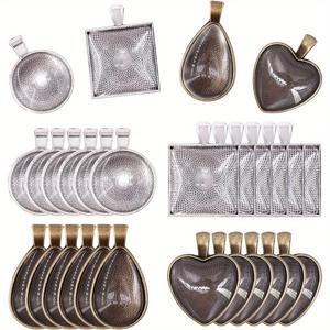 TEMU 48pcs 4 스타일 빈티지 팬던트 트레이 키트, 24pcs 라운드 & 스퀘어 & 하트 & 티어드롭 및 24pcs 밝은 유리 돔 타일이 포함되어 있어 DIY 보석 제작에 적합합니다