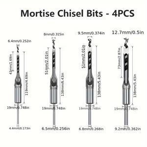 TEMU 4개 세트 목공 및 홈 개선용 6.4mm, 8mm, 9.5mm, 12.7mm 사각 구멍 드릴 비트 세트