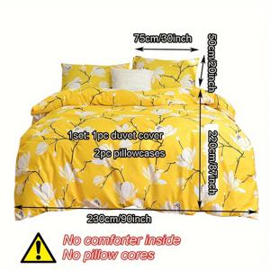 TEMU 3pcs 이불 커버 세트, 노란색 꽃무늬 침구 세트, 부드럽고 편안한 통기성 있는 이불 커버, 침실 손님용 룸 장식용 (1 * 이불 커버 + 2 * 베개커버, 코어 없음)