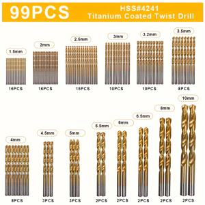 TEMU 쇼니스 99PCS 고속강 드릴 비트 세트, 티타늄 코팅 HSS 비트, 135도 팁, 원형 섕크, 나무 플라스틱 알루미늄 합금 드릴링, 보관 케이스 포함