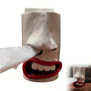 TEMU 1개 기발한 레진 재미있는 얼굴 티슈 홀더 - 수제 얼굴 표정 종이 디스펜서, 침대 옆 탁자, 욕실, 침실용 - 빨간색 악센트가 있는 화이트, 유머러스한 정리 케이스