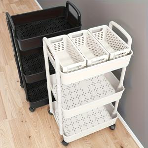 TEMU 1pc 다층 보관 카트 - 내구성이 뛰어난 플라스틱, 회전 바퀴로 쉽게 이동할 수 있음, 주방, 욕실, 침실에 이상적 - 화이트, 바구니 및 트레이 정리하기 위한 공간 절약형 디자인, 주방 보관 솔루션|현대 보관 카트|내구성이 뛰어난 플라스틱 카트, 보관 정리기