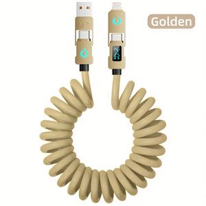 TEMU WTKVINTANT 4-in-1 고속 충전 데이터 케이블, 240W 5A, 유니버설, 실시간 디지털 디스플레이, 스프링 확장, 실리콘 소재, 광택 있는 표면, 남성-남성 커넥터, USB 입력, 라이트닝 출력, 전자 부품 포함, 삼성 S24 S23 S21, One Plus, Mi 13, Huawei, OPPO, iPhone 시리즈, 자동차 충전용