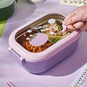 TEMU 1pc 귀여운 만화 스테인레스 스틸 보온 보냉 도시락, 분리기, 누출 방지 측면 스냅 잠금, 학교, 사무실 및 야외 사용을 위한 휴대용 벤토 박스 - 수동 작동, 전자레인지 안전, 직사각형 모양, 벤토 박스 액세서리