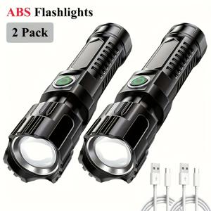 TEMU 2개 세트 고루멘 LED 전술 손전등, 3단계 조명 밝기 조절 & 텔레스코픽 줌 기능, USB 충전식 내장형 18650 리튬 배터리, 캠핑 및 등산용 휴대용 플래시라이트, 긴급 키트, 슬림한 디자인과 견고한 구조