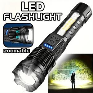 TEMU 1pc 초강력 LED 손전등, 텔레스코픽 줌 기능이 있는 충전식 휴대용 손전등, USB-C 충전, 리튬 배터리, 내구성 있는 ABS 소재, 캠핑, 하이킹, 낚시 및 비상 상황에 이상적, 야외 손전등|전술 손전등|줌 가능한 손전등, 캠핑 액세서리