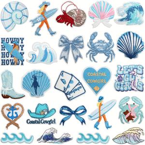 TEMU 24pcs Coastal Cowgirl Iron-On 패치, DIY 공예, 자켓, 청바지, 바지, 드레스 및 백팩용 수선 패치, 자수 애플리케이드 패치 - 서핑, 게잡이 및 가우보이 모티프가 있는 생동감 있는 해변 테마 디자인 - 봄/여름 장식 및 선물에 이상적