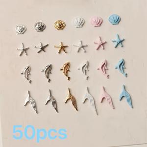TEMU 50개 여름 미니 오션 네일 아트 장식 - 혼합 컬러 & 스타일 3D 합금 조개, , 돌고래 & 물고기 꼬리 DIY 매니큐어 페디큐어용 비치 테마 네일 디자인, 네일 액세서리, 피디큐어 꾸미기, 뷰티 애호가를 위한 소품