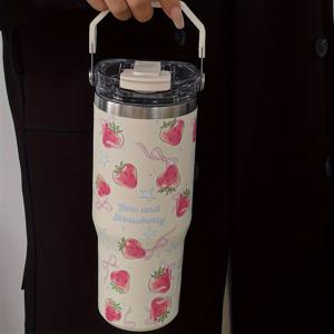 TEMU 스트로베리 스탠드 시리즈 보온 텀블러 - 33.44oz 스테인리스 스틸 물병, 손잡이 & 빨대 포함, 뜨거운 및 차가운 음료용 이중 마시는 입, 여행, 체육관, 야외 활동에 완벽 - 재사용 가능, 손세척 전용