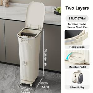 TEMU 현대적인 다층 주방 , 38L/10.04Gal 대용량 재활용 통, 오픈탑과 페달이 있는 이중 구획 직사각형 플라스틱 쓰레기 분리기, 이동이 용이한 조용한 바퀴 디자인, 봉투 고리를 위한 훅 기능, 쓰레기 분리 시스템|쓰레기통|음식물쓰레기통