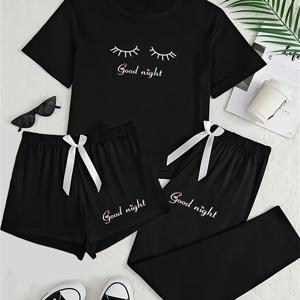 TEMU 청소년용 캐주얼 세트 레터 아이래쉬 프린트 루즈핏 편안한 3피스 파자마 및 라운지웨어