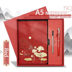 TEMU 1개 빈티지 중국 풍경 & 연꽃 잎 디자인 노트북, 하드 커버, 식물 테마, 사무용 노트 및 계획에 이상적, 선물 상자 포함, 중국 테마, 산과 물 패턴, 선물