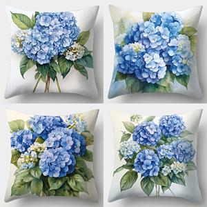 TEMU 4pcs 하이든가 & 나비 쿠션 커버 세트 - 청색과 흰색 꽃 디자인, 폴리에스터, 기계 세척 가능, 지퍼 클로저, 현대적인 스타일로 거실 장식, 거실 장식 | 꽃 무늬 | 폴리에스터 소재, 장식용 베개