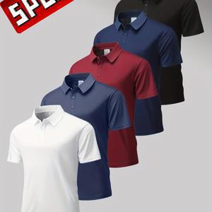 TEMU 5개 남성용 여름 반팔 셔츠 - 통기성 150gsm 니트 소재, 단색 버튼업 칼라 골프 & 캐주얼 아웃팅용 - 레귤러 핏 애슬레저 스타일, 스포츠 레저웨어, 편안한 착용감 티셔츠|스포츠|반팔티|티셔츠