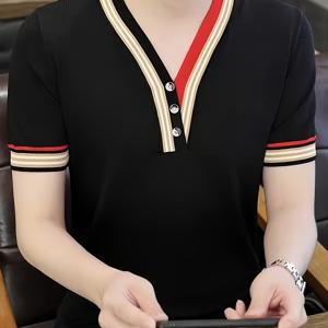 TEMU 아이언 징기스 OBM 남성용 캐주얼 V넥 니트 셔츠 - 컨트라스트 컬러 블로킹, 스트레치 원단 & 리브드 커프스, 70% 비스코스/30% 폴리에스터 혼방