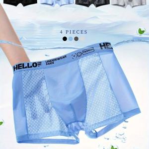 TEMU 4팩 HELLO 남성용 복서 팬티 - 빠른 건조 통기성 메쉬 속옷, 93% 폴리에스터 7% 스판덱스, 스트레치 컴포트 핏 대비 레터 프린트, 멀티컬러 패키지 일상 캐주얼웨어, 슬림 디자인, 신축성 소재, 데일리 필수품, 다중 팩 속옷