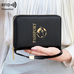TEMU MIYIN RFID 차단 여권 홀더, 카드 슬롯 및 ID 창, 남성과 여성 모두를 위한 다기능 대용량 여행 지갑, 손목 스트랩이 장착되어 있습니다.
