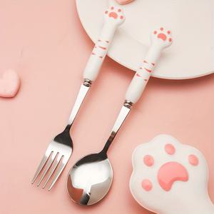 TEMU 1PC-스테인리스 스틸 스푼과 포크 세트(보관함 포함) 휴대용 칼붙이, 귀여운 고양이 발 칼붙이 세트. 스테인레스 스틸 커피 스푼, 귀여운 우유 스푼, 고양이 발 샐러드 포크, 현대식 블렌딩 스푼, 재사용 가능한 포크, 주방 도구, RV 도구