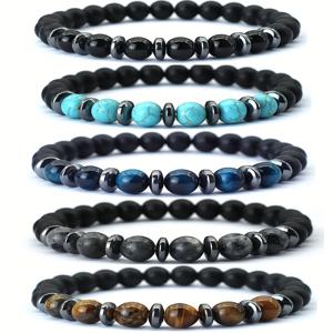 TEMU 5pcs 멋진 자연석 비즈 팔찌 세트 - 블랙 온يك스와 블루 라피스 라질리, 자석 없음, 펜던트 없음, 매력적이고 다용적인 일상 착용, 자신감, 캐주얼한 기회