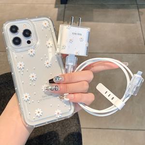 TEMU Apple 11 13 14promax 11 14plus 15 16pro16promax용 투명 봄 데이지 꽃 패턴 소녀 모바일 폰 보호 케이스 5개 세트, 충전 헤드 보호 및 데이터 케이블 보호, 보관 로프 포함