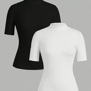 TEMU 2-팩 우아한 스탠드 칼라 상의, 단색 니트 원단, 폴리에스터 95% 스판덱스 5%, 3/4 소매 슬림핏 터틀넥, 모든 계절에 다재다능한 레이어링