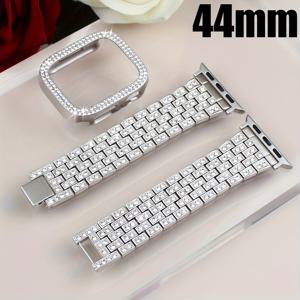 TEMU 애플워치 40mm 41mm 42mm 44mm 45mm 46mm용 콤비네이션 세트 풀 스트랩 + 더블 드릴 홀로우 쉘, 유리 스크린 프로텍터 없는 반짝이는 라인스톤 스트랩 및 낙하 방지 스크래치 보호 PC 케이스, iWatch SE 시리즈 9/8/7/6/5/4에 적합한 패셔너블 여성용 교체 가능한 메탈 밴드