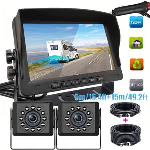 TEMU 7인치 HD TFT 컬러 모니터, 듀얼 12LED 후방 카메라 - 헤비 듀티 CCD, 쉬운 플러그 앤 플레이 설치, 야간 시야, 트럭 및 트레일러 주차 보조용, 전원 하네스 및 비디오 케이블 포함, 모든 차량 모델에 적합, 휴대용 모니터