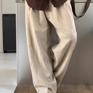 TEMU 남성 캐주얼 린넨 레그 팬츠, 포켓, 비스턴 스트레치, 단색, 정상 길이, 루즈핏, 모든 계절을 위한 팬츠|냉장고바지|남자옷|린넨