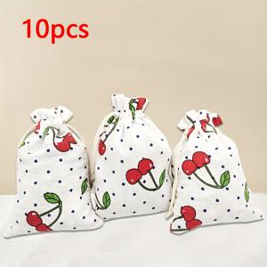 TEMU 체리 패턴 프린트된 10개 세트 베를랩 선물 가방, 재사용 가능한 방진 보관 가방, 끈으로 닫힘, 10cm x 14cm, 결혼식, 청소년 샤워, 생일 및 휴일 장식에 완벽한 선물 포장 가방 | 도트 디자인 | 내구성 있는 베를랩, 작은 선물 가방