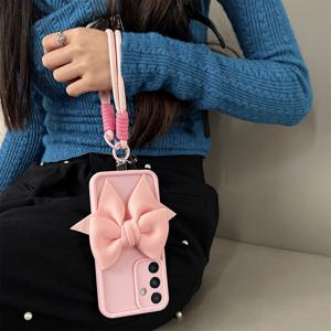 TEMU 핸드 스트랩이 있는 모바일 폰 케이스, 입체적인 디자인의 모바일 폰 케이스, 리본 보호 커버, 뷰티 모바일 폰 케이스, S25 플러스/S24 울트라/S23 FE/S22/S21 호환