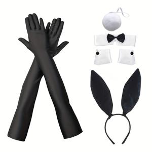 TEMU D EXCEED 여성용 5pcs 토끼 코스튬 세트 - 토끼 귀 헤드밴드, 칼라, 리본 넥타이, 팔찌 및 꼬리 양말 장갑 - 폴리에스터, 애니메이션 테마 파티 의상, 부활절 및 할로윈, 토끼 액세서리
