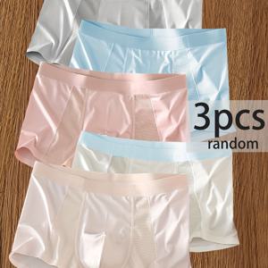 TEMU 남성용 박서 브리프 3개 세트 - 부드럽고 통기성이 좋은 빠른 건조 속옷 메쉬 패널 포함, 중간 신축성 반투명 디자인, 파스텔 색상(연한 파랑/핑크/베이지) - 기계 세탁 가능, 편안한 속옷 | 반투명 디자인 | 유연한 소재