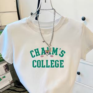 TEMU 여성용 2025 신상 하이웨이스트 크롭 티셔츠 - 슬림핏 반팔 라운드넥 탑, CHAIN의 COLLEGE 그래픽 프린트, 화이트 & 그린 레터링, 캐주얼 여름 의류, 핸드워시 전용, 레이디스 티셔츠, 대학 스타일 액세서리, 우아한 디자인|크롭티