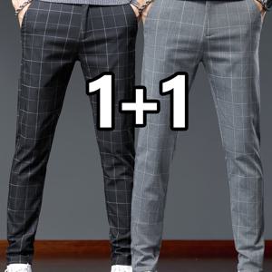 TEMU 남성용 투팩 여름 슬림핏 2025 체크무늬 비즈니스 캐주얼 레그 팬츠, 패셔너블하고 다목적 사계절 스포츠 레저 긴 바지, 통통방|스포츠|냉장고바지|남자바지